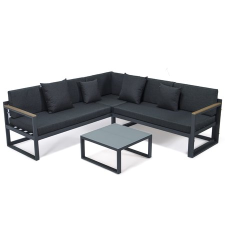 LEISUREMOD Chelsea Black Sectional With Adjustable Headrest & Coffee Table With Black Cushions CSLBL-80BL